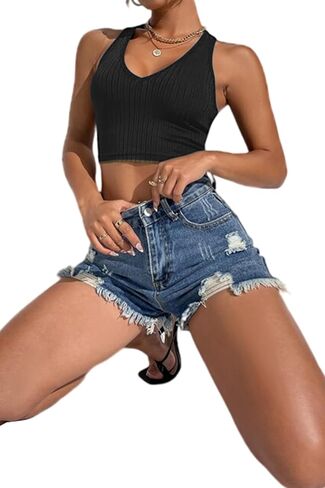 Salierart Women's Summer Knit Sweater Vest Women Basic Sleeveless Vest Crop Tank Top Fitness Solid Ribbed Binding Crop Top in Saudi Arabia