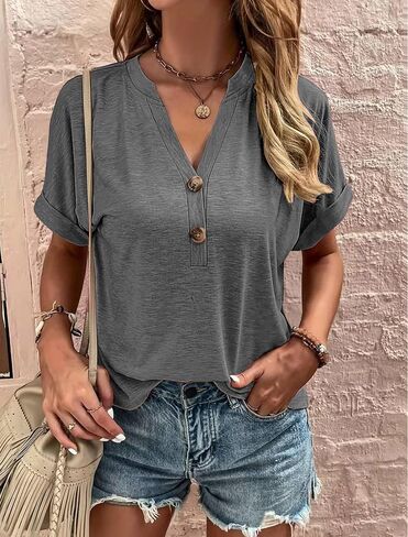 Halife Women's Casual Short Sleeve T Shirts Summer Button V Neck Tops Loose Fit Tee Shirt Blouse in Saudi Arabia