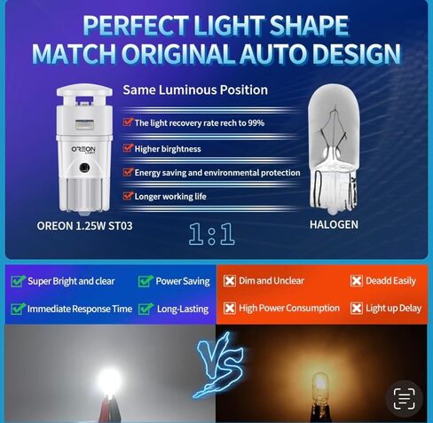 لمبة Oreonlight T10 W5W LED - لمبة LED 6000K - ضوء ترخيص أبيض خالٍ من الأخطاء في Canbus، موقف سيارات، خريطة، قبة، باب، مصابيح صندوق السيارة، استبدال فائق السطوع 12 فولت SMD 2.64 وات للسيارات والشاحنات وسيارات الدفع الرباعي، 400LM in Kuwait