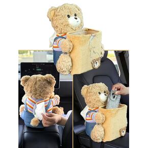 Car Multifunctional Trash Can with Tissue Holder Seat Back Bag Hanging Over The Seat Organizer Cute Cartoon Animal Storage Garbage Brown in Saudi Arabia