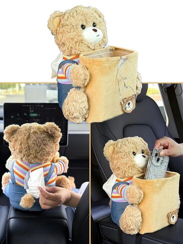 Car Multifunctional Trash Can with Tissue Holder Seat Back Bag Hanging Over The Seat Organizer Cute Cartoon Animal Storage Garbage Brown in Saudi Arabia