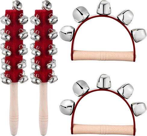 4 Pcs Christmas Handle Sleigh Bells, Wooden Hand Bells with Handles for Holiday Music, Party Decor, Birthday Gifts, Festive Bells for Christmas Celebration （Red,Green） in Saudi Arabia