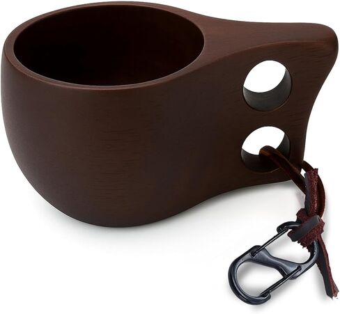 Handcrafted Light Brown Kuksa Wooden Cup - Sturdy Nordic Mug w/Leather Lanyard, Carabiner for Easy Carry - Light-Weight & Easy Grip Kuksa Wooden Cups for Drinking Coffee, Tea - Unique Coffee Gifts in Saudi Arabia