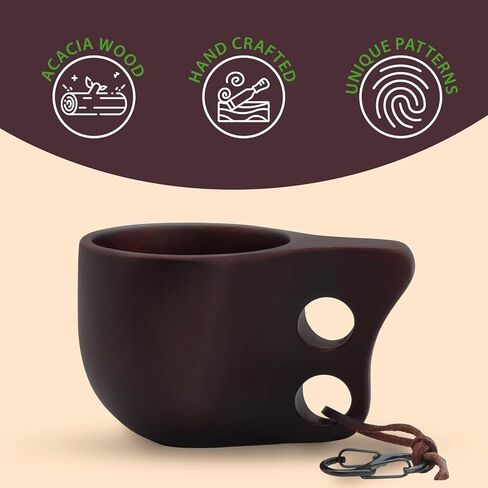 Handcrafted Light Brown Kuksa Wooden Cup - Sturdy Nordic Mug w/Leather Lanyard, Carabiner for Easy Carry - Light-Weight & Easy Grip Kuksa Wooden Cups for Drinking Coffee, Tea - Unique Coffee Gifts in Saudi Arabia
