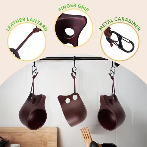 Handcrafted Light Brown Kuksa Wooden Cup - Sturdy Nordic Mug w/Leather Lanyard, Carabiner for Easy Carry - Light-Weight & Easy Grip Kuksa Wooden Cups for Drinking Coffee, Tea - Unique Coffee Gifts in Saudi Arabia