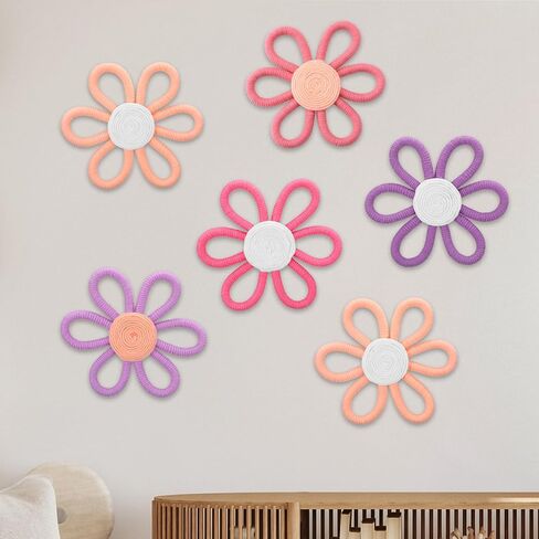 RIPENG 6 PCS BOHO DECREDER for Girl 6 Inch Woven Daisy Flower Macrame Wall Hanging Bohemian Wall Decore Daisy Decery for Baby Girls Kids Home Bedroom ( in Kuwait