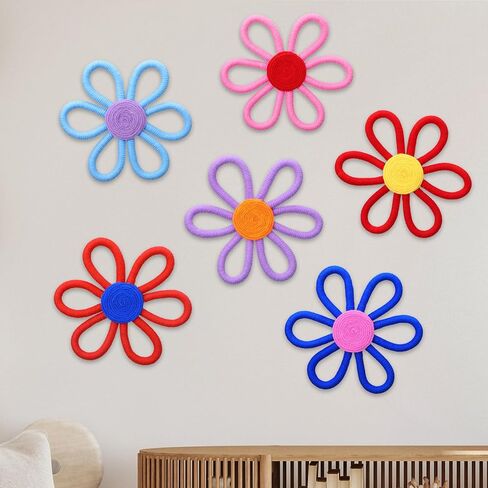RIPENG 6 PCS BOHO DECREDER for Girl 6 Inch Woven Daisy Flower Macrame Wall Hanging Bohemian Wall Decore Daisy Decery for Baby Girls Kids Home Bedroom ( in Kuwait