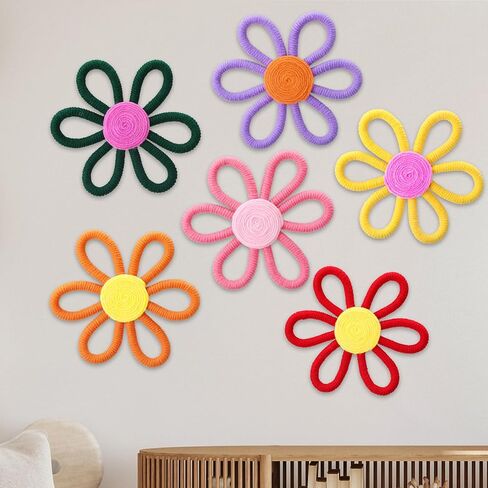 RIPENG 6 PCS BOHO DECREDER for Girl 6 Inch Woven Daisy Flower Macrame Wall Hanging Bohemian Wall Decore Daisy Decery for Baby Girls Kids Home Bedroom ( in Kuwait