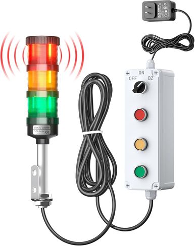 4 Stack Super Bright LED Andon Tower Light with Buzzer, 24VDC Red/Yellow/Green/Blue, Off-ON Switch, 16.4ft Extension Cord, 9.8ft Power Adapter, Plug Play Ready, for Factory Automation & Safety Alarms in Saudi Arabia