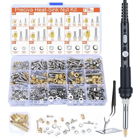 Preciva Threaded Inserts Set, 716Pcs Heat Set Inserts Nuts Bolts with M2 M3 M4 M5 M6 Insert-Tip, 60W Soldering Iron and Holder, for 3D Printer Parts or Plastic Parts in Saudi Arabia