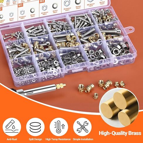 Preciva Threaded Inserts Set, 716Pcs Heat Set Inserts Nuts Bolts with M2 M3 M4 M5 M6 Insert-Tip, 60W Soldering Iron and Holder, for 3D Printer Parts or Plastic Parts in Saudi Arabia