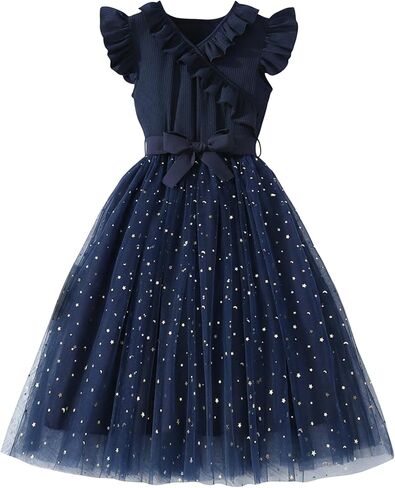 Wdirara Girl's V Deck Shulk Sleeve A Line Dress Tulle Tulle Tulle in Kuwait