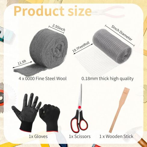 Otoolling Mesh Rodent Control Kit 1 Pack Rustproof Mesh Roll and 0000 Steel Wool Mouse Hole Filler with Wooden Stick, Gloves, Scissors for House Garden (Stainless Steel,5in X 19.7ft) in Saudi Arabia