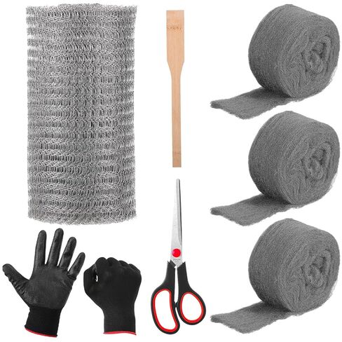 Otoolling Mesh Rodent Control Kit 1 Pack Rustproof Mesh Roll and 0000 Steel Wool Mouse Hole Filler with Wooden Stick, Gloves, Scissors for House Garden (Stainless Steel,5in X 19.7ft) in Saudi Arabia