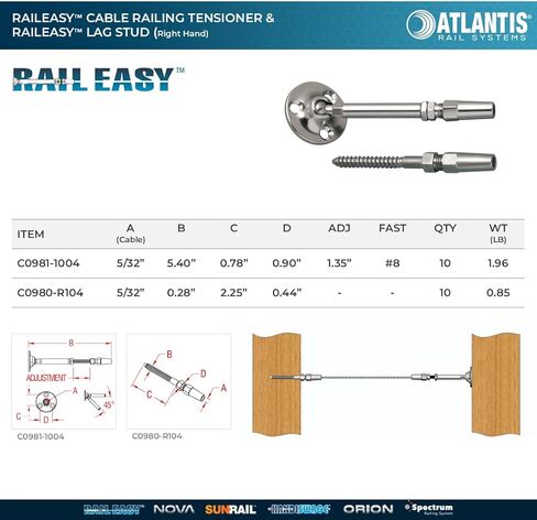 شد درابزين الكابلات Atlantis RailEasy C0981-1004 (عبوة من 10 قطع) وخيط اليد اليمنى C0980-R104 Lag Stud (عبوة من 10 قطع) in Saudi Arabia