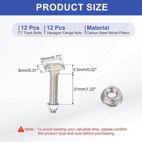 PATIKIL M8 x 33 mm T-Slot Bolts, 12 Sets Drop-in Bolt Hammer Head with Hexagon Flange Nuts T-Bolt Stud Sliding Screw for 40 Series Aluminum Extrusion Profile, Silver in Saudi Arabia