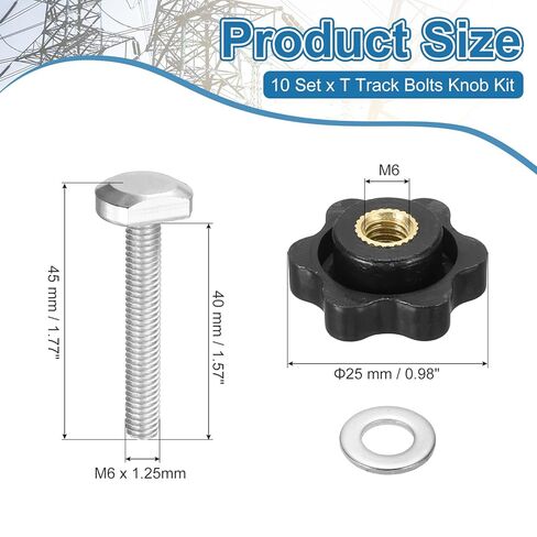 PATIKIL t Track Bolts Knob Kit, 10 Set M6 x 40mm x 25mm Threaded Bolts with Washers and 6-Star Knobs Nuts t Track Accessories for Woodworking Jigs and Fixtures, Silver Black in Saudi Arabia