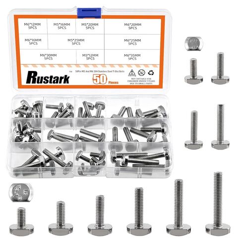 Rustark 50 قطعة 10 أحجام 304 الفولاذ المقاوم للصدأ T-Slot Bolts تشكيلة كيت M5 M6 T فتحة قطرة في مسمار انزلاق البراغي على شكل حرف T للمسار T in Saudi Arabia