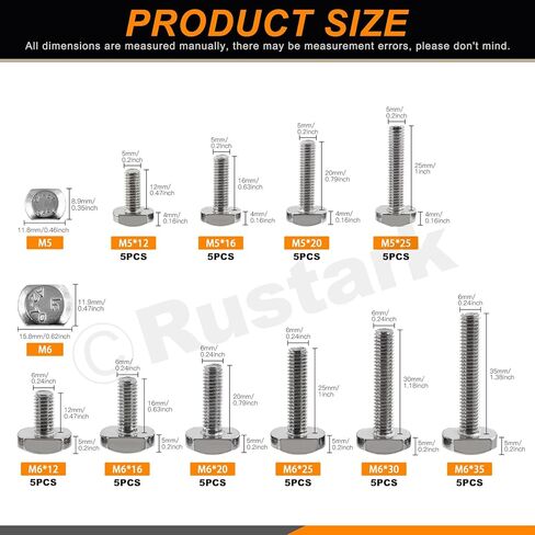 Rustark 50 قطعة 10 أحجام 304 الفولاذ المقاوم للصدأ T-Slot Bolts تشكيلة كيت M5 M6 T فتحة قطرة في مسمار انزلاق البراغي على شكل حرف T للمسار T in Saudi Arabia