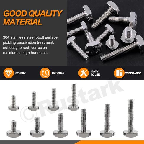 Rustark 50 قطعة 10 أحجام 304 الفولاذ المقاوم للصدأ T-Slot Bolts تشكيلة كيت M5 M6 T فتحة قطرة في مسمار انزلاق البراغي على شكل حرف T للمسار T in Saudi Arabia