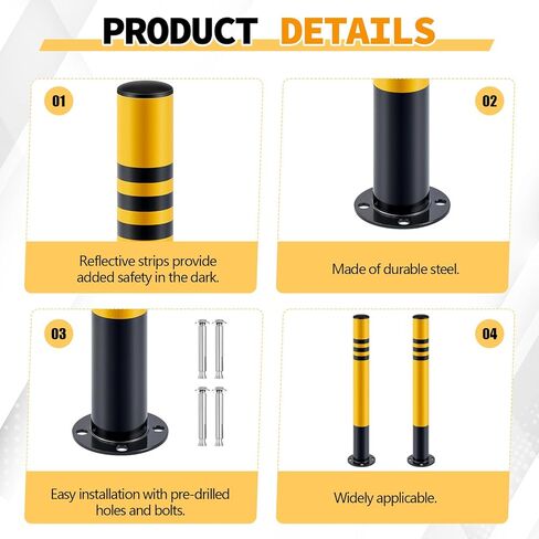 Zonon 4 Pcs Safety Bollard with Anchor Bolts 29.5" x 3" Parking Barrier Post with Reflective Tape Galvanized Steel Pipe for Construction, Storefronts, Warehouse, School, and Traffic Sensitive Areas in Saudi Arabia
