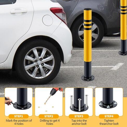 Zonon 4 Pcs Safety Bollard with Anchor Bolts 29.5" x 3" Parking Barrier Post with Reflective Tape Galvanized Steel Pipe for Construction, Storefronts, Warehouse, School, and Traffic Sensitive Areas in Saudi Arabia