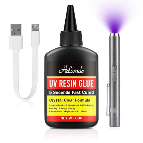 UV Resin Kit with UV Light, 60g Fast Curing UV Resin with Rechargeable UV Flashlight, 5-Second Cure Transparent UV Glue for Bonding and Welding Jewelry, Plastic, Acrylic, Crafts, Glass Repair in Kuwait