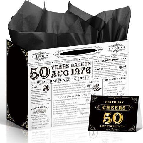 Wxiben Vintage 50th Birthday Gift Bag - Black and White 1975 Gift Bag, Large Wrap Bag with Handle Tissue Paper Greeting Card for 50 Year Old Women Men, 50th Birthday Party Decor in Kuwait