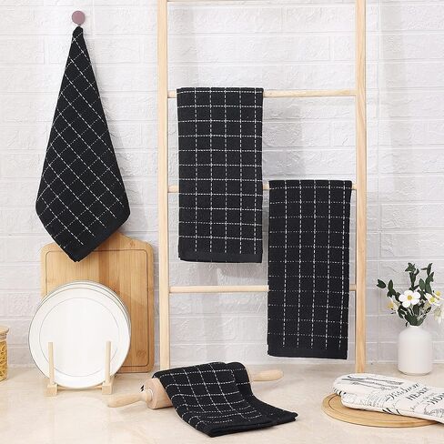 Homaxy 100% Cotton Terry Kitchen Towels(Black, 13 x 28 inches), Checkered Designed, Soft and Super Absorbent Dish Towels, 4 Pack in Saudi Arabia