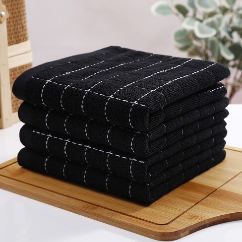 Homaxy 100% Cotton Terry Kitchen Towels(Black, 13 x 28 inches), Checkered Designed, Soft and Super Absorbent Dish Towels, 4 Pack in Saudi Arabia