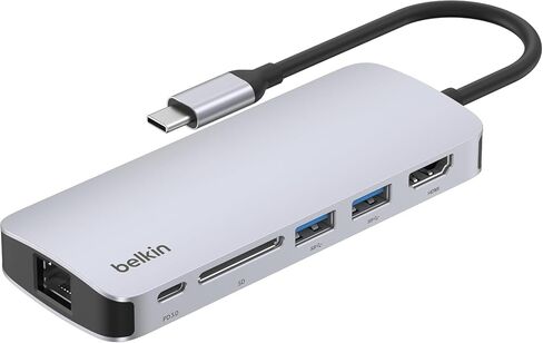 Belkin USB-C HUB-6-in-1Multi-portadapter Dock مع 4K HDMI ، USB-C 100W PD SARGING ، 2X USB-A POTTS ، PORTS Gigabit Ethernet ، وفتحة SD لـ MacBook Pro و Air و iPad و Pro و XPs وأكثر من ذلك in Kuwait