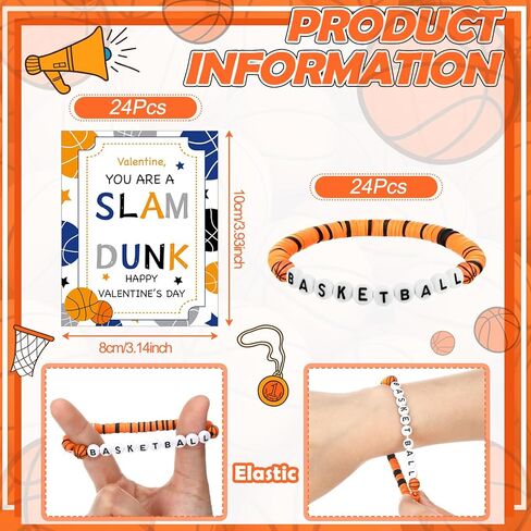 Tondiamo 24 Sets Basketball Valentine's Day Gift Bulk Polymer Clay Basketball Bracelets with Cards Valentines Party Favors Jewelry Gift Exchange for Sports Office Supplies for Sports Player Lover in Saudi Arabia