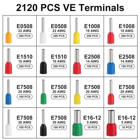 2120pcs Assorted Wire Ferrules Terminals Kit AWG 22-10 Insulated Copper Crimp Connectors for Industrial and Power Control Systems in Saudi Arabia