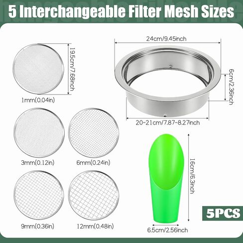 IANFAN Soil Sieve Set Stainless Steel Garden Soil Sifter, Compost Mesh Sifter with 5 Interchangeable Mesh 1/3/6/9/12mm and Soils Scoops for Sand, Bonsai Soils, Rock, Filtration in Saudi Arabia