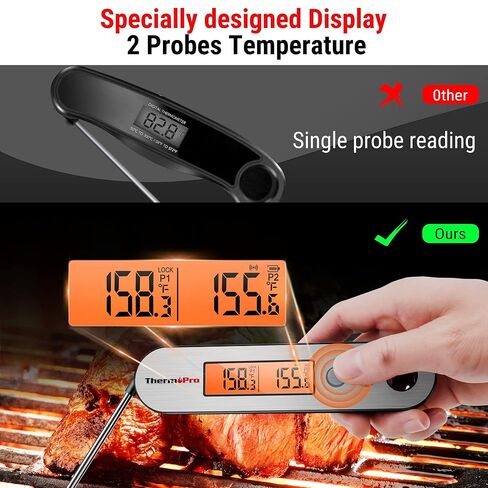 ThermoPro TP610 ميزان حرارة اللحوم الرقمي للطهي، مقياس حرارة الطعام القابل لإعادة الشحن للقراءة الفورية مع شاشة LCD دوارة، مقياس حرارة الطبخ مقاوم للماء مع منبه للشواء والمدخن والشواء والفرن in Kuwait