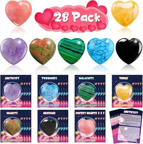 Valentines Day Cards Gifts for Kids School, 24 Pack Heart Crystal Necklaces Valentines Goodie Bags for Classroom, Valentine Exchange Party Favors Rock Gem Stone Pendants for Girls Boys Class in Kuwait
