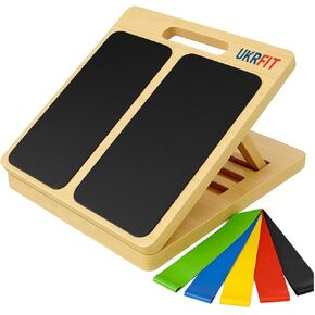 UKRFIT Adjustable Wooden Slant Board – Foldable, Non-Slip Calf Stretch & Balance Trainer with 5 Resistance Bands, Height-Adjustable Incline Board for Home Gym, Supports up to 110 kg in Kuwait