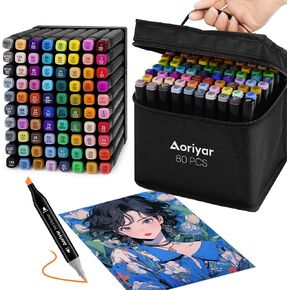 علامات الكحول TIP ART - 80 ألوان علامة مزدوجة على الوجه الكحول مجموعة مع نصيحة الفرشاة ونصيحة إزميل للأطفال ، والبالغين ، والفنان المحترف المثالي للتلوين ، والرسم ، ومشاريع الرسم المدرسي in Kuwait