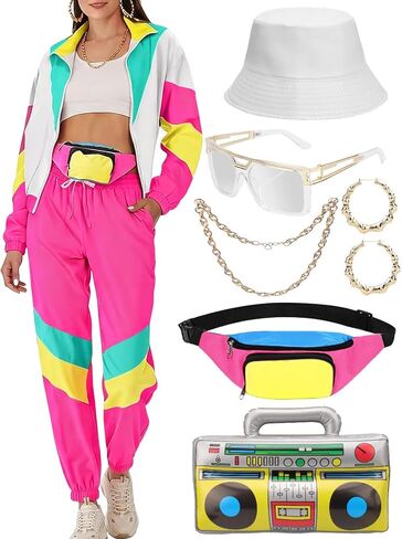 Women's 80s 90s Outfits Tracksuit Costume Accessories Set, Color Block Windbreaker Jacket Neon Fanny Pack in Saudi Arabia