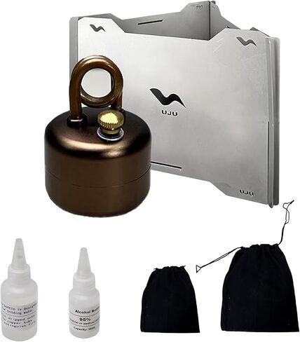 موقد تخيم الكحول المحمول مع الزجاج الأمامي ، كيس تخزين ، زجاجتين سائل ، دعم مستقر مقاومة للرياح معسكر للطبخ في المخيمات في الهواء الطلق ، بني (الفضة) in Saudi Arabia