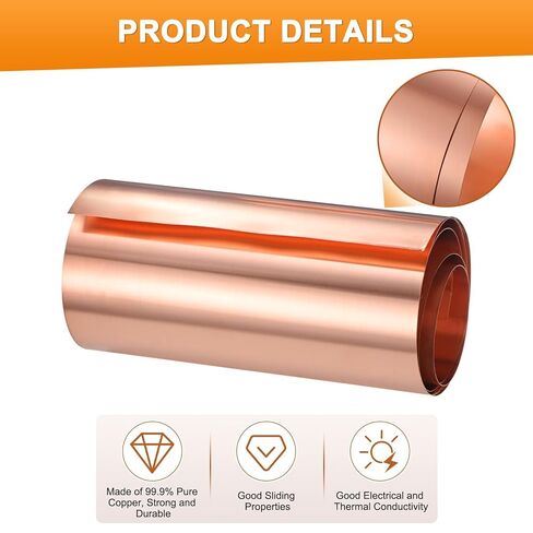 M METERXITY Copper Sheet Roll, 6in x 5ft x 0.002in (WxLxT) 99.9% Pure Copper Flashing Strip with Gloves for DIY Projects/Roofing/House Repair, Metal Foil Plate [1524x152x0.05mm] in Saudi Arabia