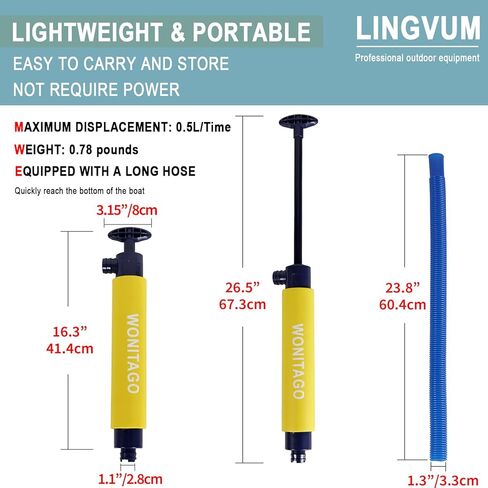 LINGVUM Manual Bilge Pump for Kayak, Canoe and Boat, 17" Portable Siphon Hand Water Pump for Kayaks with Reversible Hose, Yellow in Saudi Arabia