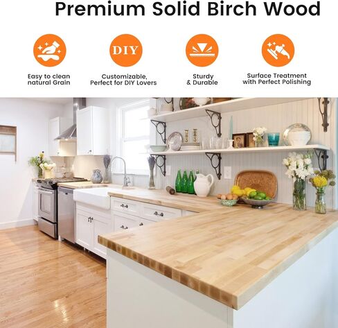 Butcher Block Countertop, Solid Wood Table Top - 6ft Unfinished Birch Work Bench Top Cut to Size for DIY Desktop/Washer Counter/Office Desk/Kitchen Island/Living and Dining Room Tables 72x25x1.5in in Saudi Arabia