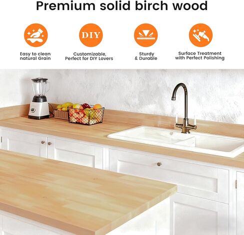 Butcher Block Countertop, Solid Wood Table Top - 6ft Unfinished Birch Work Bench Top Cut to Size for DIY Desktop/Washer Counter/Office Desk/Kitchen Island/Living and Dining Room Tables 72x25x1.5in in Saudi Arabia
