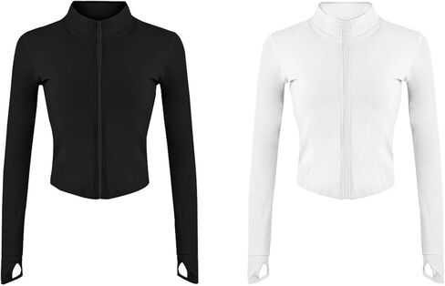 Workout Set 2 Piece Womens Zip Up Jacket And High Waist Leggings Long Sleeve Black White in Saudi Arabia