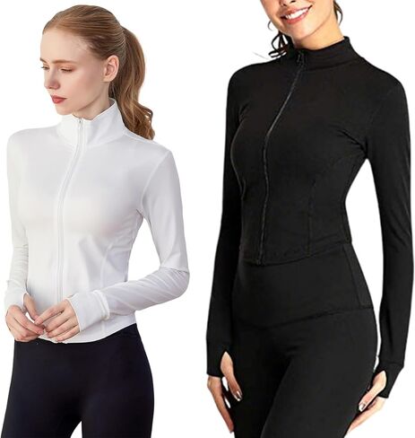 Workout Set 2 Piece Womens Zip Up Jacket And High Waist Leggings Long Sleeve Black White in Saudi Arabia