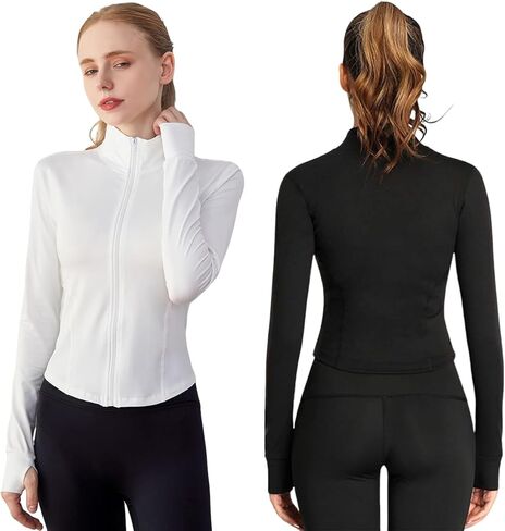 Workout Set 2 Piece Womens Zip Up Jacket And High Waist Leggings Long Sleeve Black White in Saudi Arabia