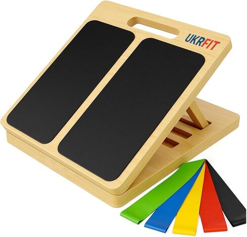 UKRFIT Adjustable Wooden Slant Board – Foldable, Non-Slip Calf Stretch & Balance Trainer with 5 Resistance Bands, Height-Adjustable Incline Board for Home Gym, Supports up to 110 kg in Kuwait