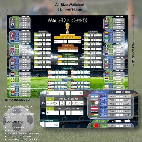 ملصق قماشي لسجل بطولة كأس العالم مقاس 22.3 بوصة * 33.11 بوصة + جهاز تتبع مرحلة المجموعات مقاس 23.39 بوصة * 16.54 بوصة وملصق ورقي لطاولة معلومات اللعبة الكاملة - يجب اقتناؤه لعشاق كرة القدم ومشجعي كرة القدم والمنزل والمكتب والبار، ضروري لحفلة مشاهدة كرة ال in Kuwait
