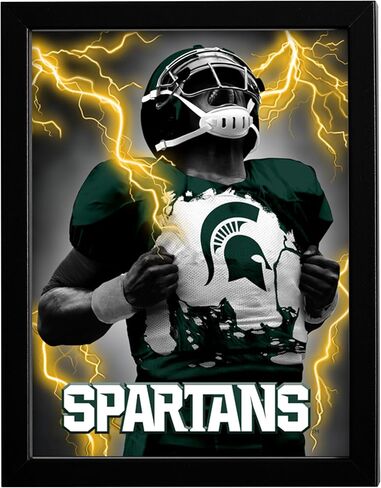 لوحة فنية جدارية مطبوعة بإطار ثلاثي الأبعاد من MSU Spartans | 14 × 18 صورة I Cool ملصقات عدسية من الرابطة الوطنية لرياضة الجامعات (NCAA) | سلع كرة القدم، صور جاهزة للتعليق، أعمال فنية لغرفة الألعاب وهدايا ديكور كهف للرجال للرجال والنساء in Kuwait